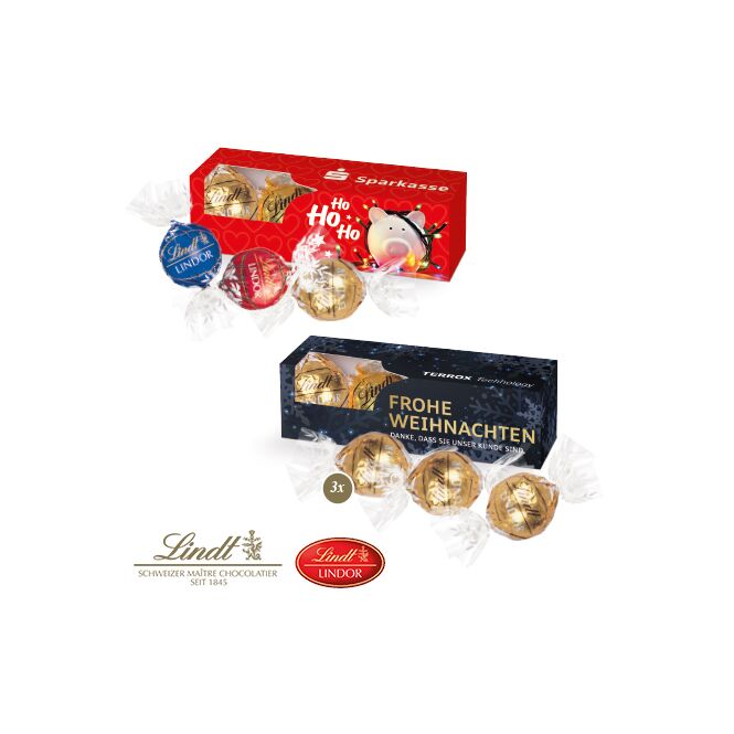 Firmengeschenk Lindt Lindor Präsent 3er – bunt – mit individuellem Etikett 3 Stück als hochwertiges Präsent für Geschäftspartner und Kunden