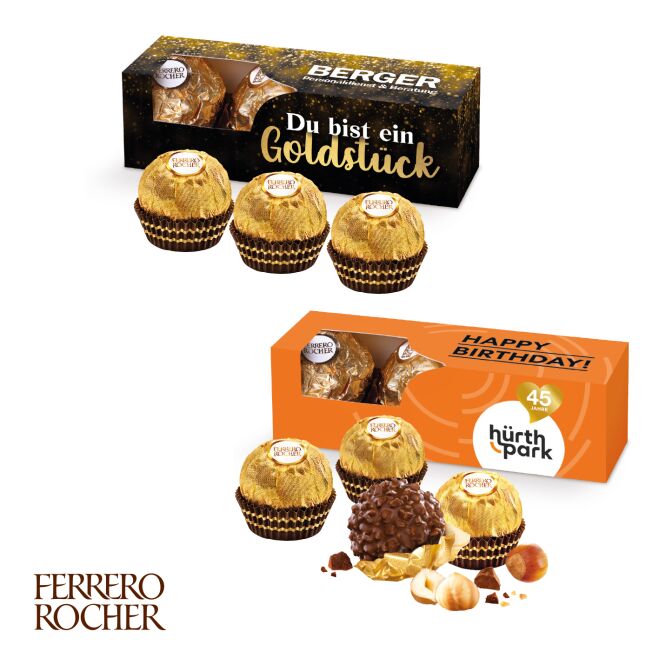 Premium-Werbeartikel Ferrero Rocher 3er – bunt – mit Logo bedruckt 3er als hochwertiges Firmengeschenk für Geschäftspartner und Kunden
