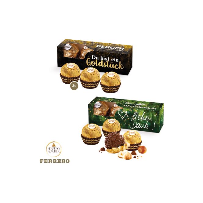 Firmengeschenk Ferrero Rocher 3er – bunt – mit individuellem Etikett 37,5g als hochwertiges Mitarbeitergeschenk für gute Kunden und Partner