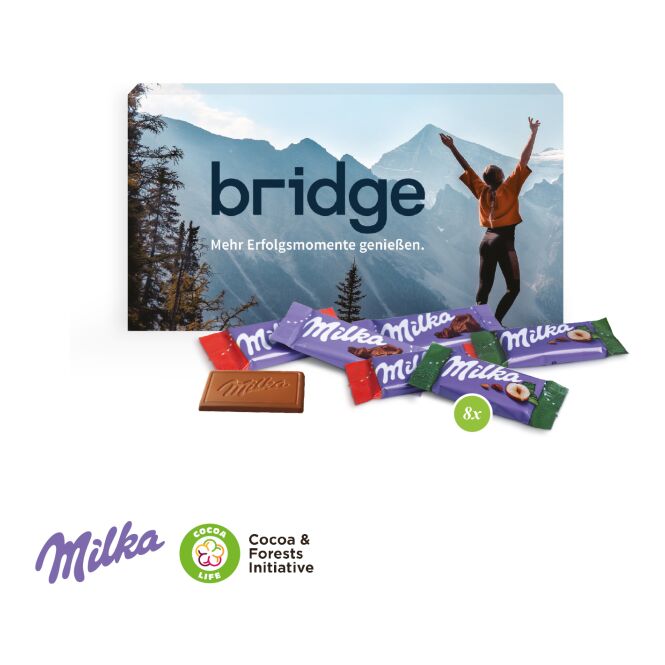 Firmengeschenk Milka Schokotäfelchen Präsentbox – bunt – mit bedrucktem Etikett ca. 100g als hochwertiges Werbegeschenk für Kunden und Partner