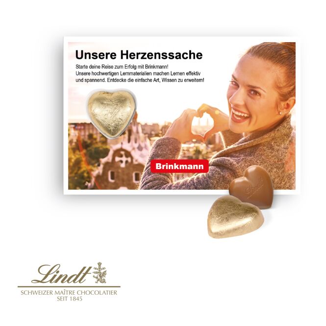 Premium-Werbeartikel Lindt Schokokarte Herz – vollmilch – mit Logo bedruckt 5 g als exklusives Firmengeschenk für Kunden und Partner