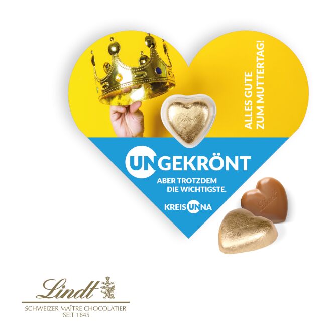 Premium-Werbeartikel Lindt Schokokarte Herz – vollmilch – mit Logo bedruckt 5 g als exquisites Firmengeschenk für Geschäftspartner und Kunden