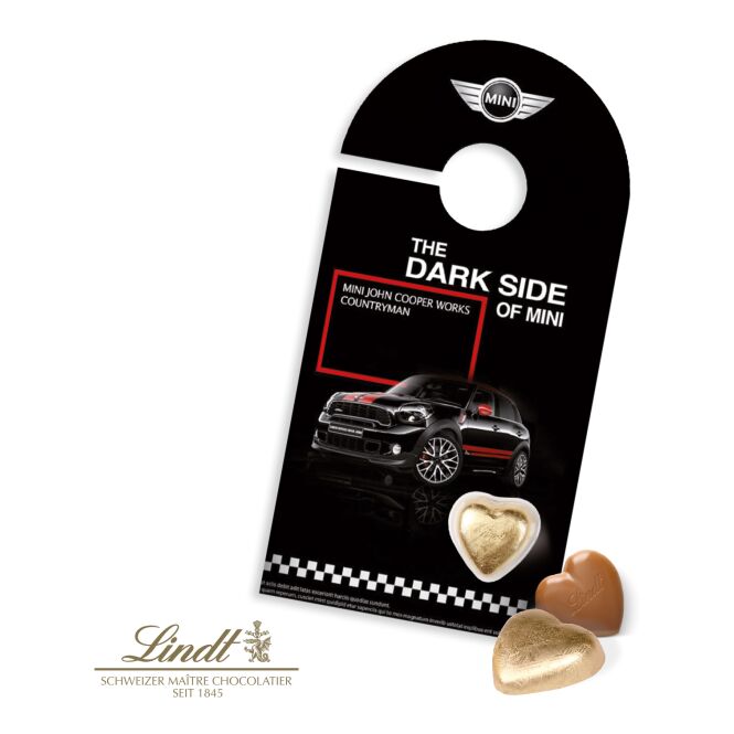 Premium-Werbeartikel Lindt Schokokarte mit Herz – vollmilch – mit Logo bedruckt 5 g als exklusives Firmengeschenk für Kunden und Partner