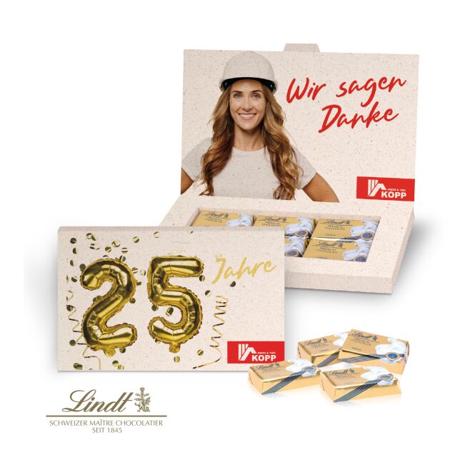Firmengeschenk Lindt Präsentbox Business – vollmilch – mit Logo bedruckt 25 g als hochwertiges Werbegeschenk für Kunden und Mitarbeiter