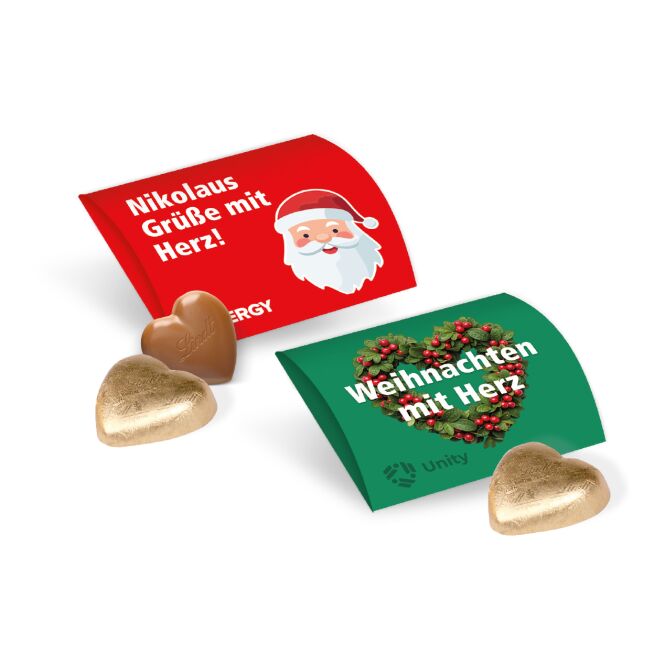 Firmengeschenk Lindt Herz im Werbebriefchen – weihnachtlich – mit individuell bedrucktem Etikett 5 g als Weihnachtsgeschenk für Kunden und Partner
