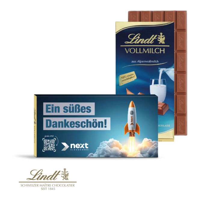 Firmengeschenk Lindt Schokoladentafel – vollmilch – mit individuell bedruckter Werbekartonage 100 g als Werbemittel für Geschäftspartner