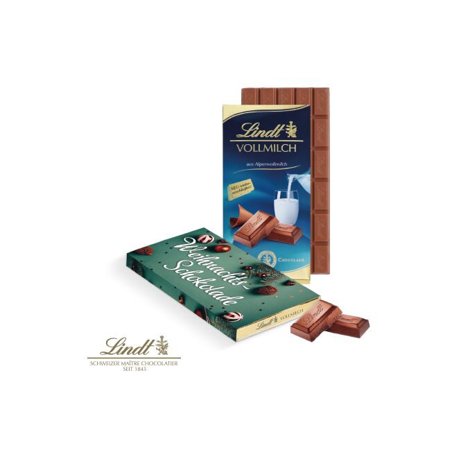 Firmengeschenk Lindt Premium Schokolade – vollmilch – mit bedrucktem Etikett 100 g als hochwertiges Werbegeschenk für Kunden und Partner