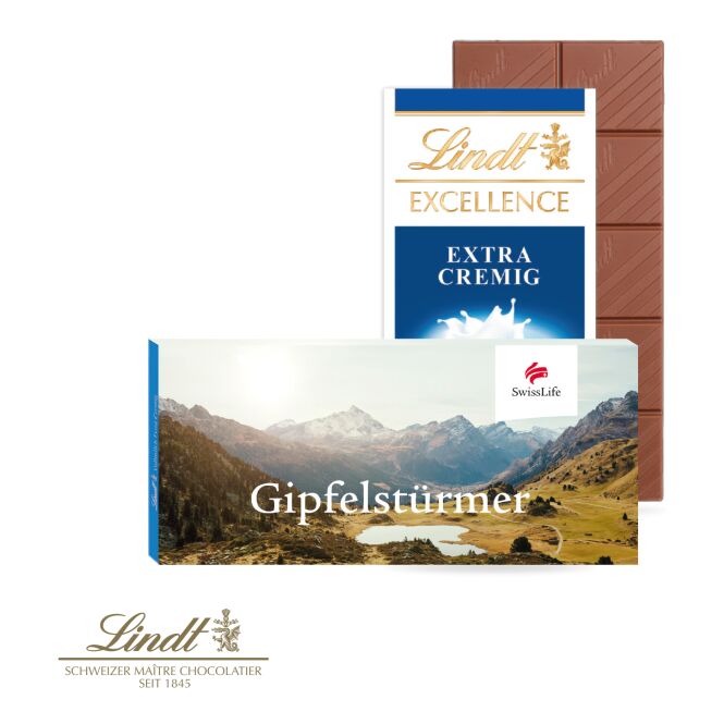 Firmengeschenk Lindt Excellence – vollmilch – mit Logo bedruckt 100 g als hochwertiges Präsent für Geschäftspartner und Ihre Mitarbeiter