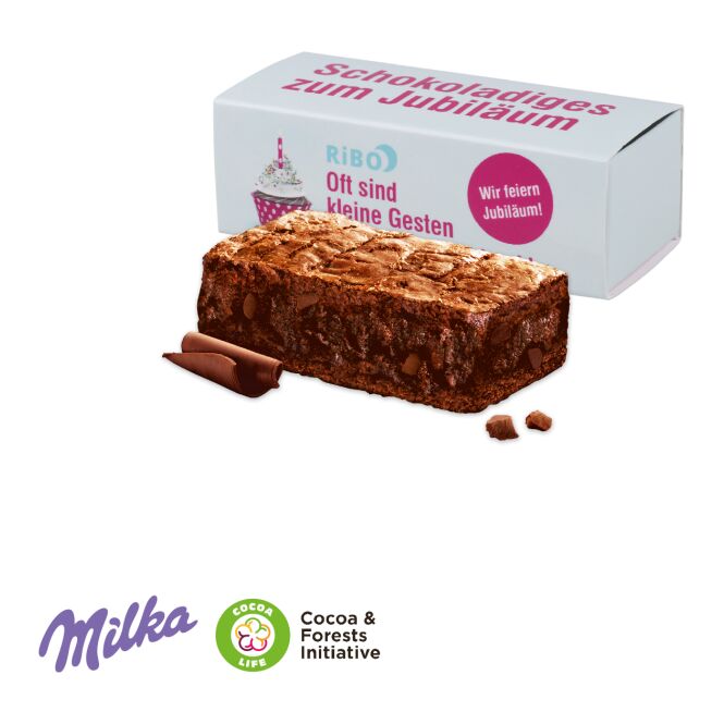 Firmengeschenk Milka Choco Brownie – schokoladig – mit bedrucktem Etikett als leckere Aufmerksamkeit für Kunden und Mitarbeiter