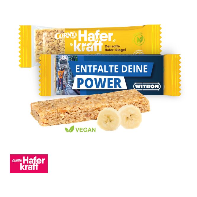 Werbeartikel CORNY Haferriegel – bunt – mit bedrucktem Etikett CORNY Haferkraft als Werbemittel für Kunden und Mitarbeiter auf Messen