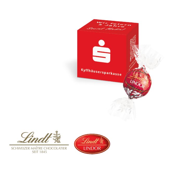 Premium-Werbeartikel Lindt Lindor Werbewürfel – bunt – mit individuellem Etikett 1er Praliné als Firmengeschenk für Geschäftspartner