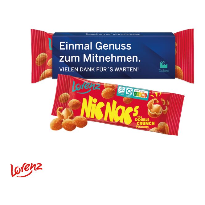 Streuartikel Lorenz Nic Nac´s im Werbeschuber – knabbereien – mit bedrucktem Etikett ca. 35 g als Werbemittel auf Messen für Kunden und Partner