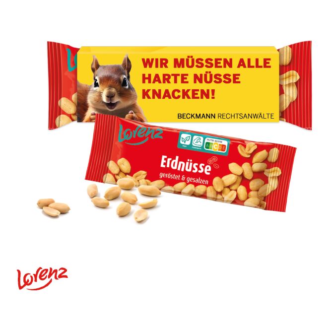 Streuartikel Lorenz Nic Nac's – knabber-snack – mit bedrucktem Etikett 35 g für den Einsatz als Werbemittel auf Messen und Firmen-Events