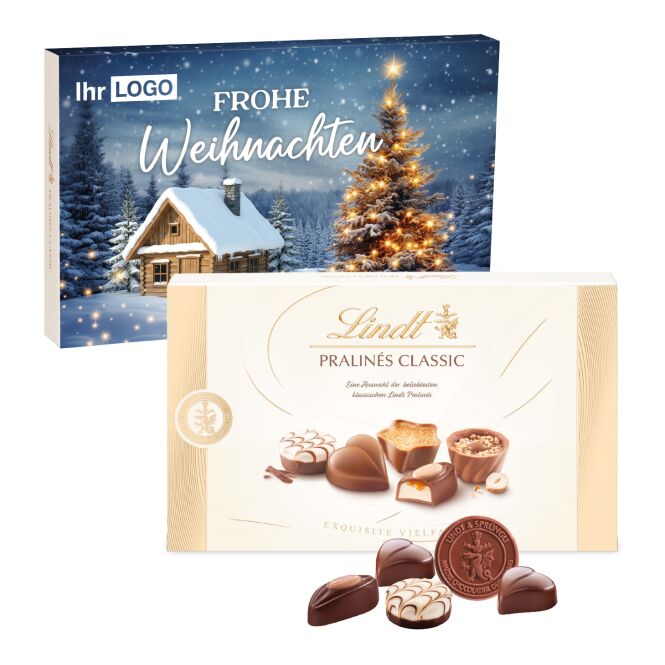 Firmengeschenk Lindt Pralinés Classic – weihnachtlich – mit individuellem Werbeschuber 125 g als Weihnachtsgeschenk für Kunden und Partner