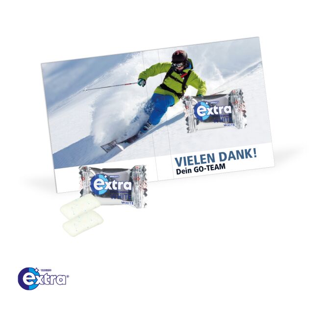 Werbeartikel Wrigley's Kaugummi Werbe-Klappkarte – bunt – mit Logo bedruckt als Streuartikel für Messen und Events an potenzielle Kunden