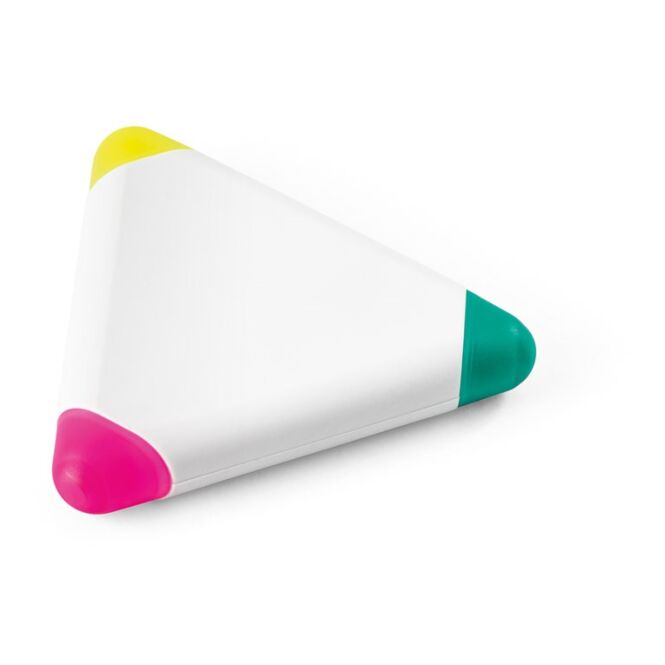 Werbeartikel Textmarker TRIAN – weiss – mit Logo bedruckt, 3 Farben (gelb, rosa, grün), 79x79x13 mm, ideal als Messe-Giveaway für den Büroalltag