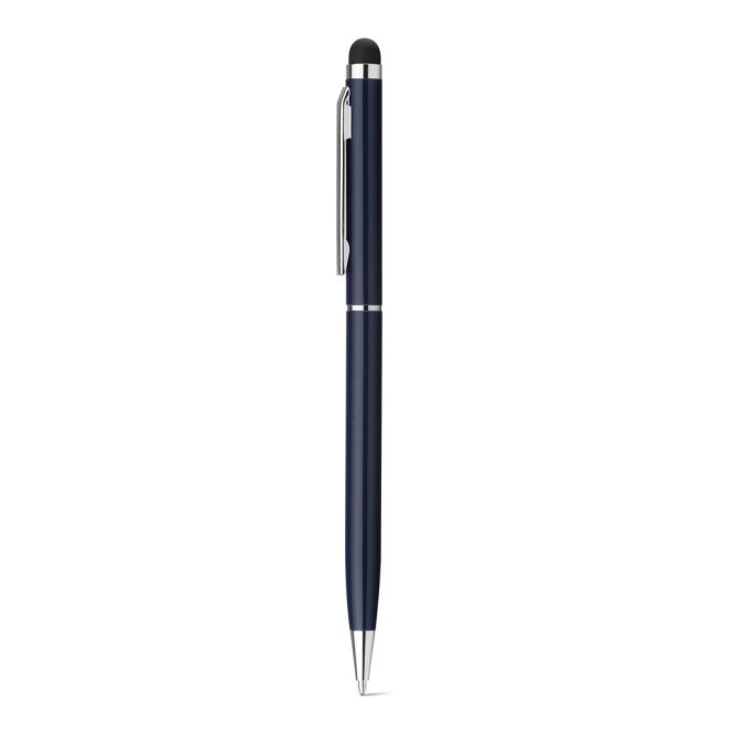 Kundengeschenk ZOE Aluminium-Drehkugelschreiber – blau – mit Gravur mit Touchpad-Spitze für Smartphones blau schreibend für Büroalltag 8x135mm