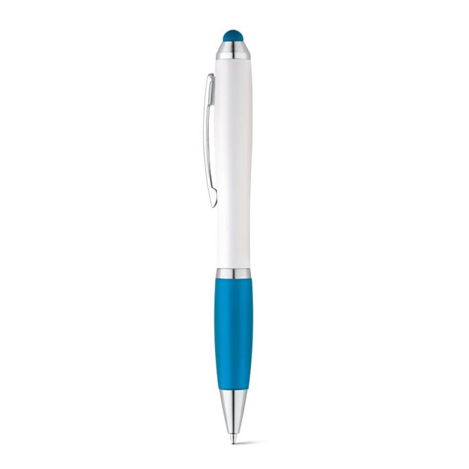 Streuartikel SANS Kugelschreiber – hellblau – mit Logo bedruckt, Drehmechanik, Touchpen, ø11x135mm für den Büroalltag