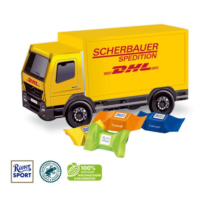Firmengeschenk 3D-LKW – bunt – mit individuellem Werbedruck FSC-zertifizierte Kartonage klimaneutrales nachhaltiges Werbemittel