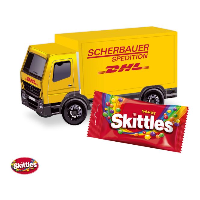 Firmengeschenk LKW-Modell bunt – mit Werbedruck – FSC-zertifizierter Karton, klimaneutral, nachhaltiges Give-away für Logistik-CSR
