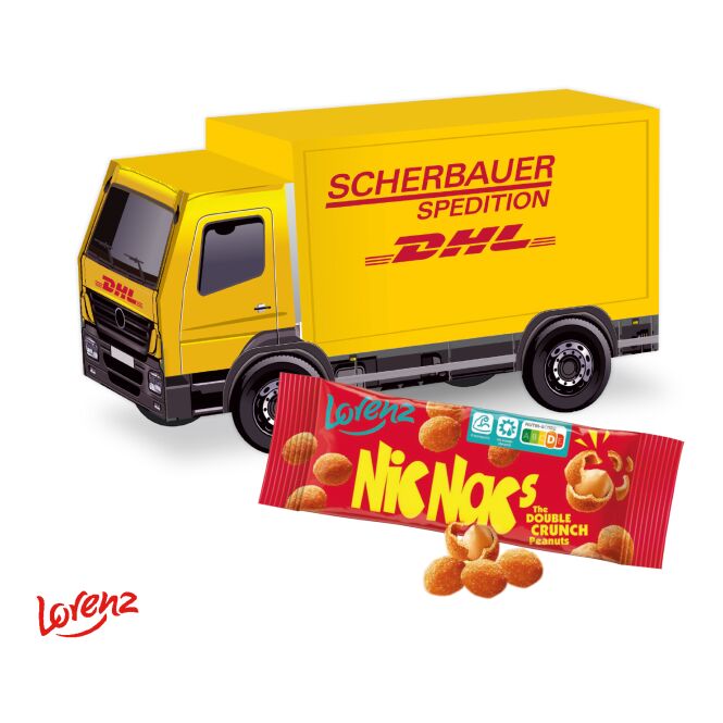 Firmengeschenk 3D-LKW – bunt – mit individuellem Werbedruck FSC-zertifizierter Karton klimaneutral gepflanzt nachhaltiges Präsent