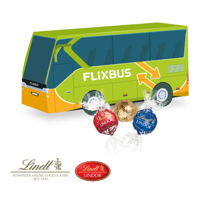Firmengeschenk Präsent Bus – bunt – mit individuellem Werbedruck aus FSC-Karton klimaneutrales nachhaltiges Süßwaren-Set für CSR
