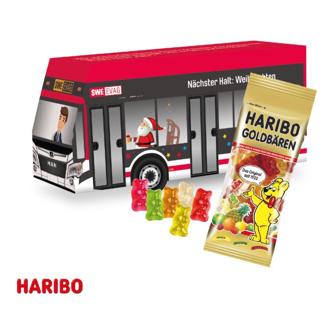 Firmengeschenk Bus – bunt – mit individuellem Werbedruck aus FSC-zertifizierter Kartonage, klimaneutral, nachhaltiges Giveaway