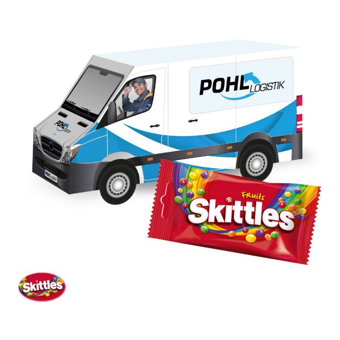 Firmengeschenk Transporter – bunt – mit Logodruck, 100% FSC-Karton, klimaneutral gepflanzt, nachhaltiges Giveaway für grünes Image
