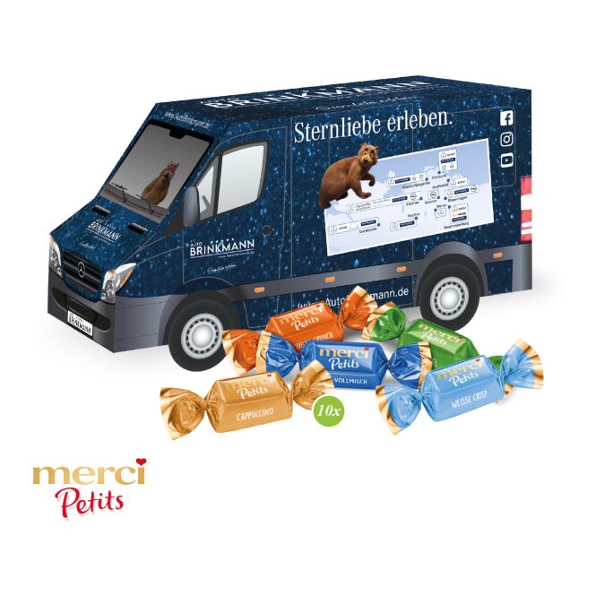 Firmengeschenk Präsent Transporter – bunt – mit Logodruck 100% FSC-Karton klimaneutrales nachhaltiges Werbemittel für CSR-Promotions