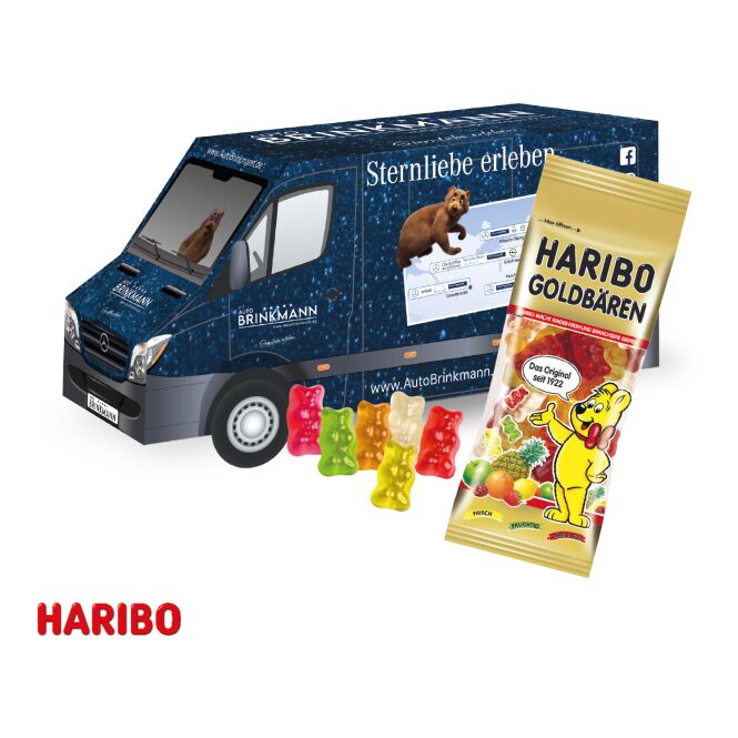 Firmengeschenk Transporter 3D-Präsent – bunt – mit individuellem Werbedruck FSC-zertifizierter Karton, klimaneutral, nachhaltiges Give-away