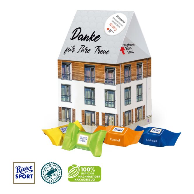 Firmengeschenk Lindt Lindor Pralinés 3D Haus – bunt – mit bedrucktem Etikett ca. 50g als Weihnachtsgeschenk für Kunden und Partner