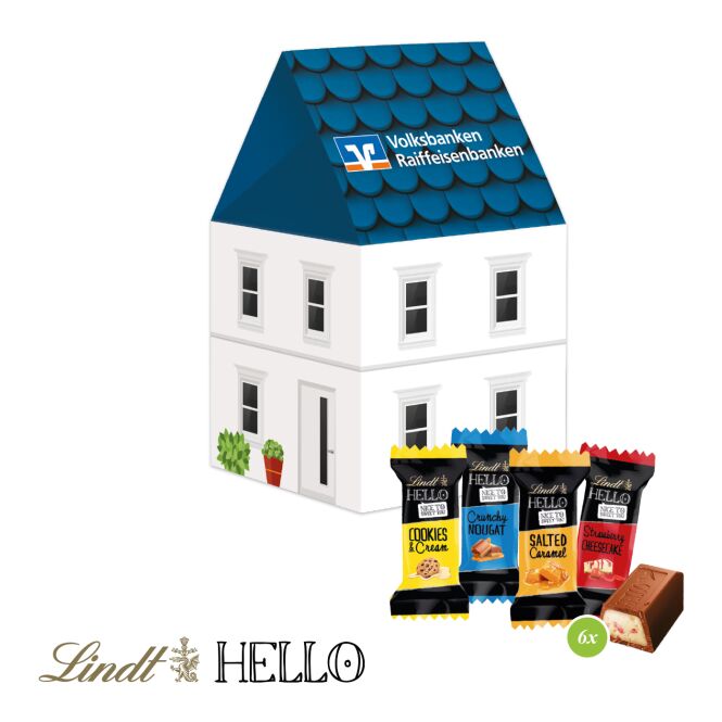 Firmengeschenk Lindt Lindor Pralinés 3D Präsent Haus – bunt – mit bedrucktem Etikett als Weihnachtsgeschenk für Kunden und Partner