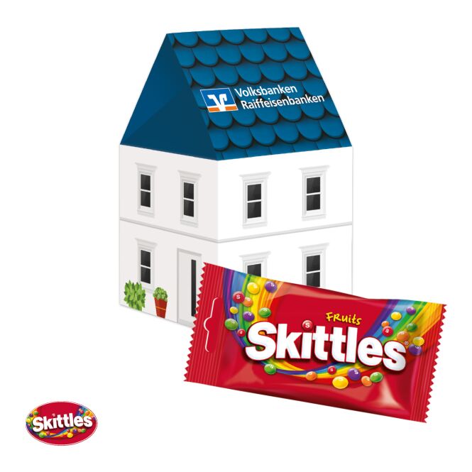 Firmengeschenk Lindt Lindor 3D Präsent Haus – bunt – mit bedrucktem Etikett ca. 100 g als Weihnachtsgeschenk für Mitarbeiter und Partner