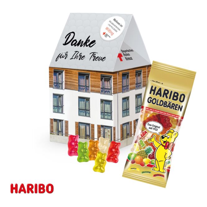 Firmengeschenk Lindt 3D Haus – bunt – mit individueller Banderole 50g als exklusives Weihnachtsgeschenk für Kunden und Partner