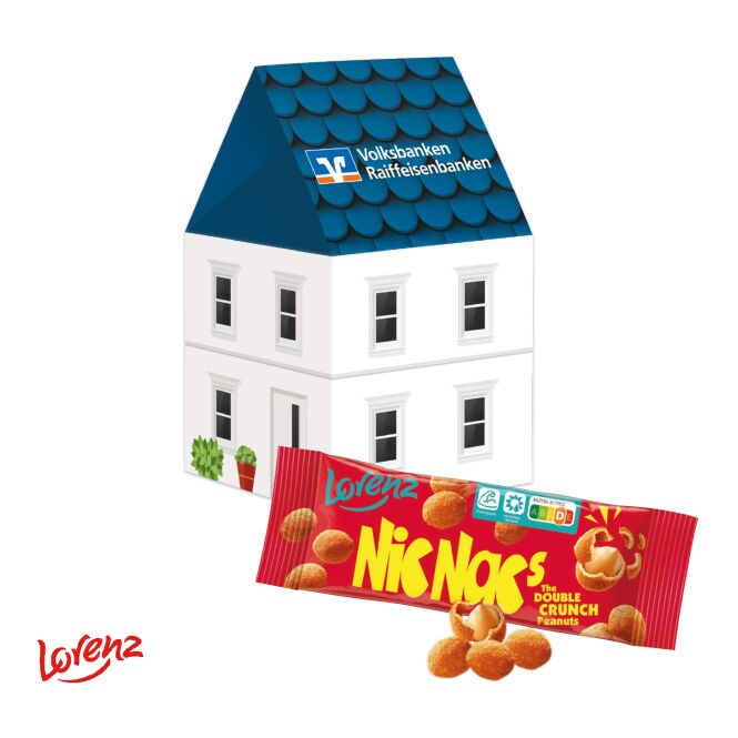 Firmengeschenk Lindt 3D Haus – bunt – mit bedrucktem Etikett ca. 100 g als hochwertiges Werbemittel für Geschäftspartner und Kunden