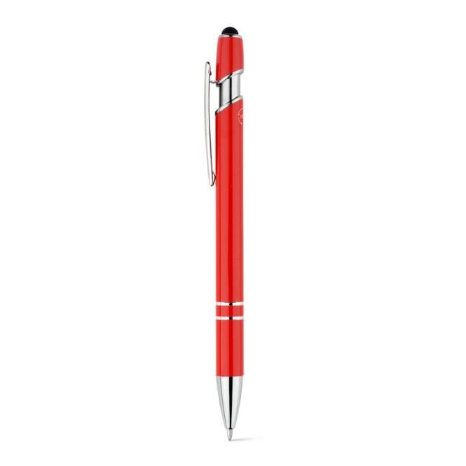 Werbeartikel NEIL Kugelschreiber – rot – lasergraviert mit Touchpad-Spitze für Smartphones, blau schreibend für den Büroalltag, 10x143mm