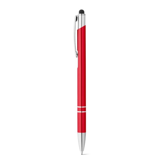 Werbeartikel GALBA Aluminium-Kugelschreiber – rot – mit Logo bedruckt ø8 x 142 mm Druckkugelschreiber blau schreibend für Messe-Giveaway