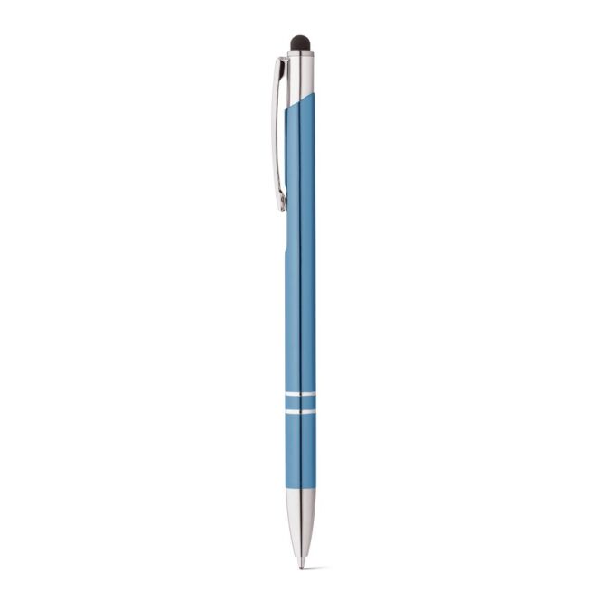 Werbeartikel GALBA Aluminium-Kugelschreiber – hellblau – mit Logo bedruckt ø8x142mm Druckkugelschreiber blau schreibend für Büroalltag