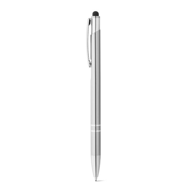 Firmengeschenk GALBA Aluminium-Kugelschreiber – satinsilber – mit Gravur blau schreibend, Druckkugelschreiber mit Touch-Spitze für Büro