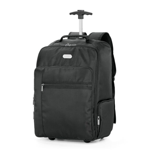 Mitarbeitergeschenk Laptop-Trolley-Rucksack AVENIR – schwarz – mit Logo bedruckt für 17 Zoll Notebooks für die Büroausstattung