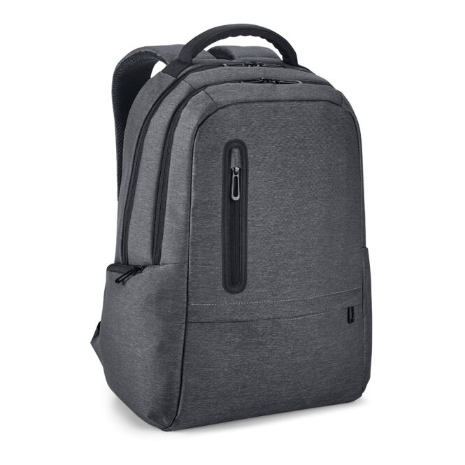 Mitarbeitergeschenk Laptop-Rucksack RE-BOSTON – dunkelgrau – nachhaltig mit Logo bedruckt für 17 Zoll Notebooks für das Homeoffice