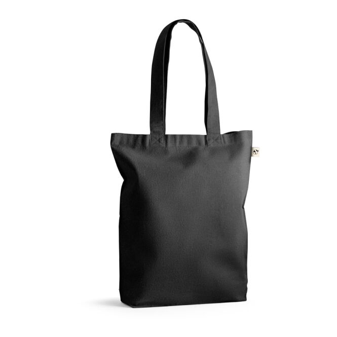 Mitarbeitergeschenk Tragetasche MERIDA – schwarz – mit Logo bedruckt 220g/m² 380x400x100mm 50% Baumwolle 20% rPET nachhaltiges Shopper-Modell für CSR-Promotions