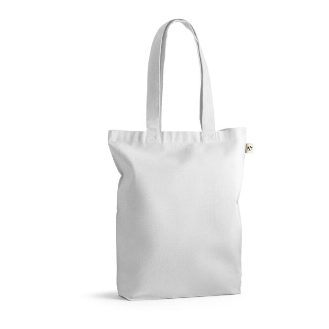 Werbeartikel Tragetasche MERIDA – weiss – mit Logodruck 220g/m² 50% Baumwolle 30% rec. Baumwolle 20% rPET 380x400x100mm nachhaltiges Textil