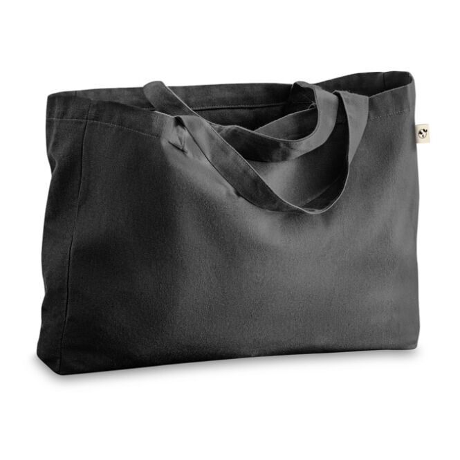 Firmengeschenk Tragetasche CAMDEN – schwarz – mit Logo bedruckt 50% Baumwolle 30% rec. Baumwolle 20% rPET 50x37x12cm nachhaltige Tasche