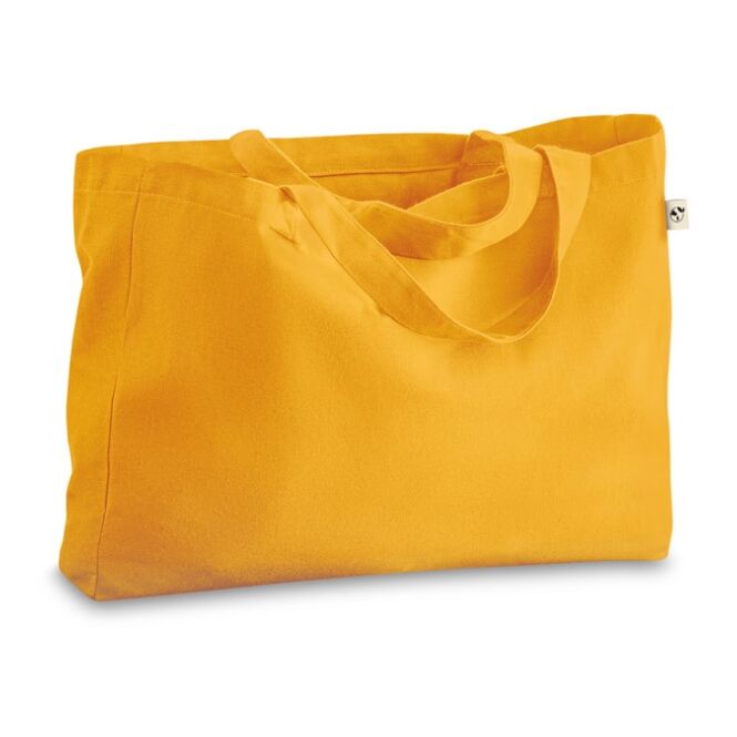 Werbeartikel Tragetasche CAMDEN – gelb – mit Logodruck 50% Baumwolle 30% r-Baumwolle 20% rPET 500x370x120mm nachhaltige Stofftasche