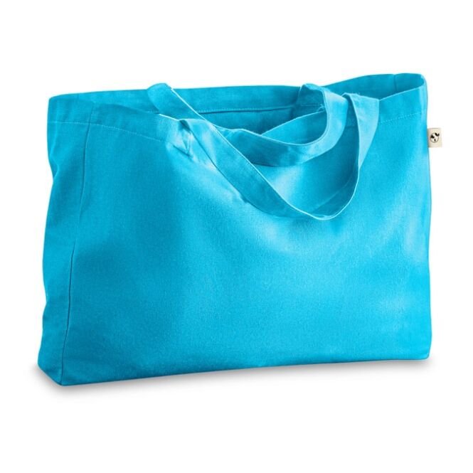 Werbeartikel Tragetasche CAMDEN – hellblau – mit Logodruck 50% Baumwolle 30% r-Baumwolle 20% rPET 500x370x120mm nachhaltige Stofftasche