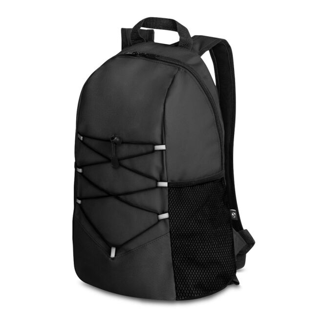 Firmengeschenk Rucksack TURIM – schwarz – mit Logodruck 600D rPET 14L gepolstert 270x420x170mm nachhaltiges Reisegepäck für CSR