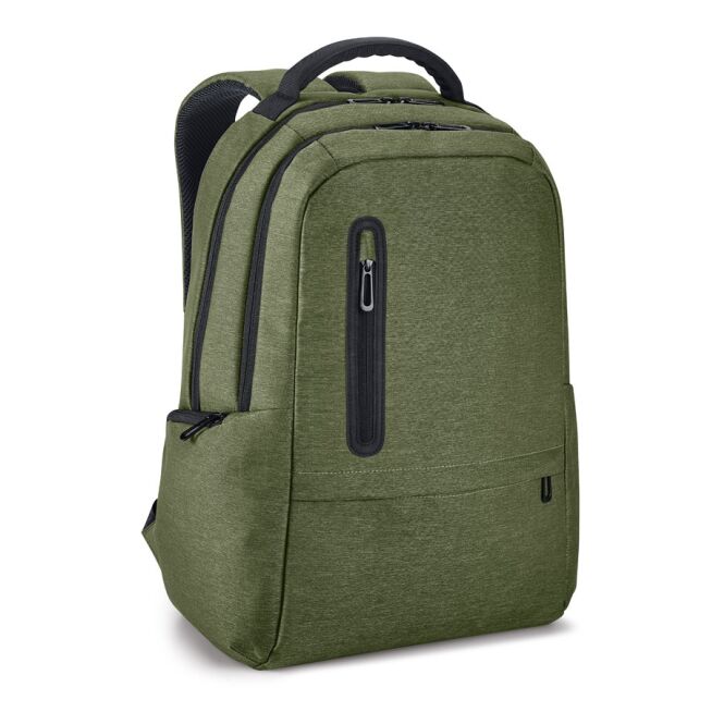 Werbeartikel Laptop-Rucksack BOSTON 17 Zoll – dunkelgrün – mit Logo bedruckt für das Mitarbeiter-Onboarding und die Büroausstattung