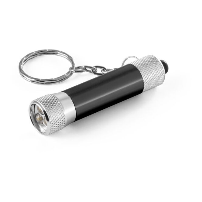 Premium-Werbeartikel LERGAN Aluminium-Schlüsselanhänger – schwarz – mit Logo bedruckt mit LED-Taschenlampe 112 x 25 x 17 mm für Firmengeschenke