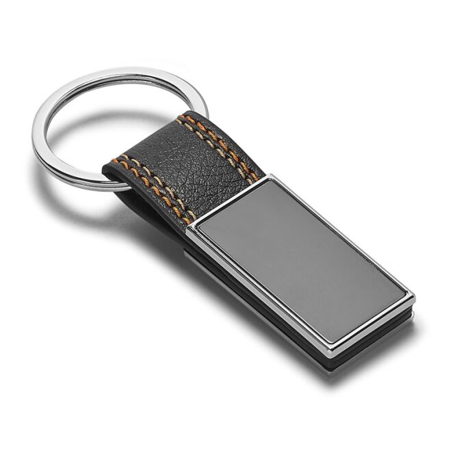 Werbeartikel Schlüsselanhänger BALE – orange – mit Logo bedruckt aus PU und Metall 55 x 22 x 8 mm für den Firmen-Schlüsselbund